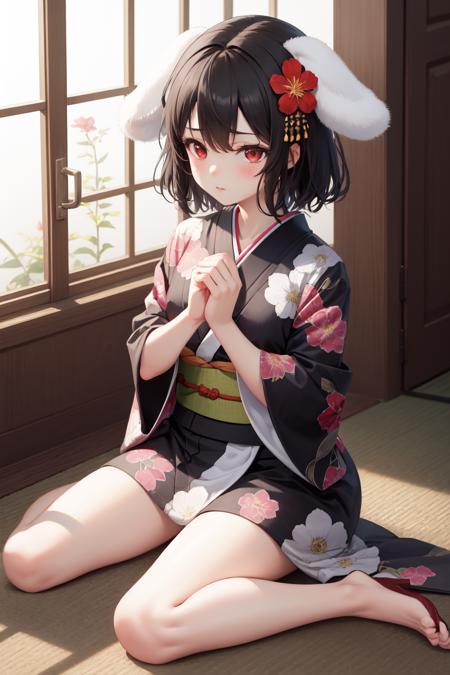 2486767-865369134-masterpiece, best quality, absurdres, perfect anatomy, 1girl, solo, Inaba Tewi, short hair, black hair, indoors, kimono, hair fl.png